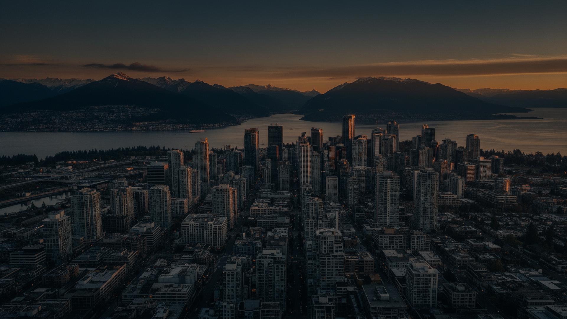 Metro Vancouver skyline at twilight with North Shore mountains